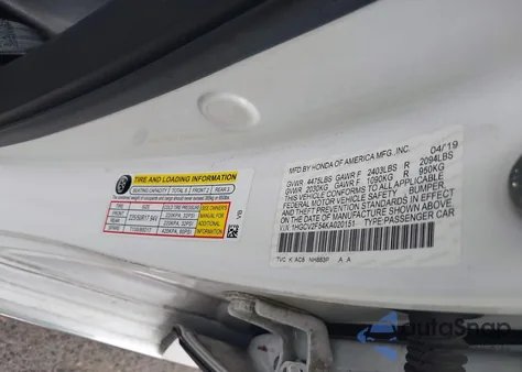 2019 Honda Accord Ex-L 2.0T from USA, damaged, VIN 1HGCV2F54KA020151